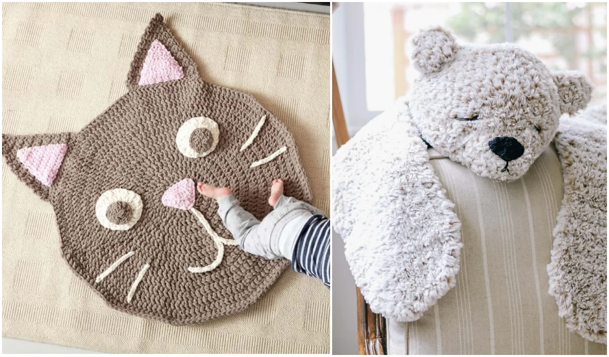 A crocheted animal rug featuring a charming cat face lies on the floor, gently touched by a child's foot. Nearby, a fluffy teddy bear drapes comfortably over a chair.