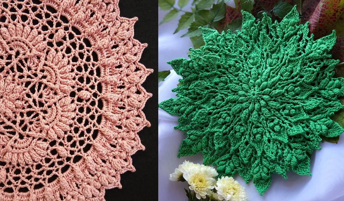 Two crocheted doilies: one in pink with intricate lace patterns on the left, and a green, leafy-textured design on the right. Both showcase exquisite doily crochet patterns, elegantly placed on a black and floral background.