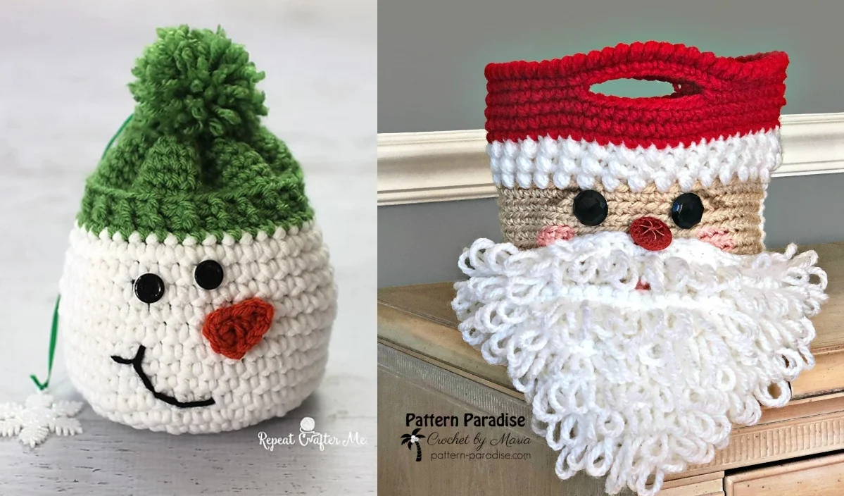 Two crochet Christmas-themed items: a snowman with a green hat on the left, and a charming Christmas gift bag featuring Santa's white beard and red hat on the right.