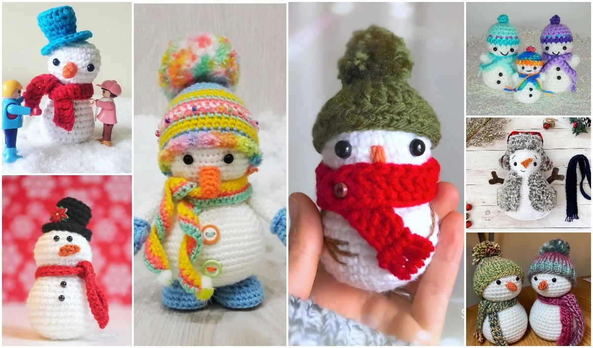 Collage of various crocheted snowmen in colorful hats and scarves, showcased using the little snowman free crochet pattern. They are displayed against diverse backgrounds, including a snowy setting and a hand holding one.