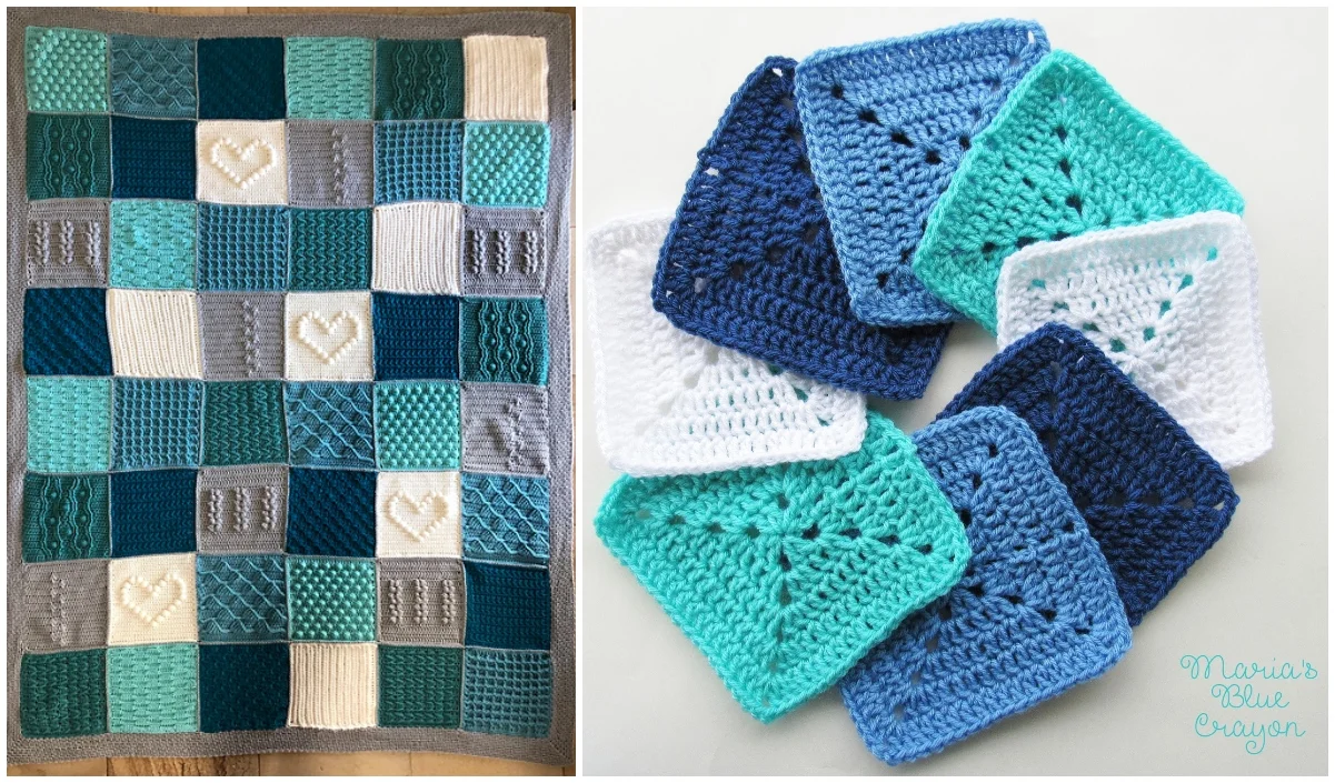 Left: A multicolored crocheted blanket with heart patterns, evoking a warm and cozy feel. Right: An assortment of ocean-themed crochet squares in blue, teal, and white, reminiscent of tranquil seaside vibes.