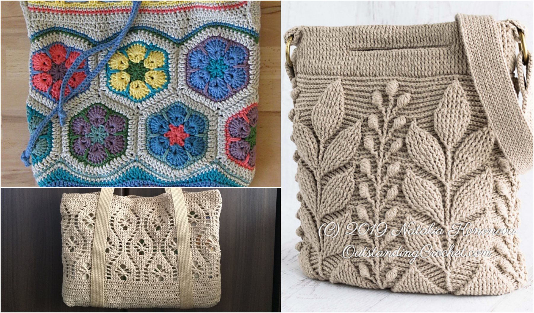 Three crocheted bags: a colorful hexagon patterned one, a beige floral motif bag with elegant designs, and a light brown bag featuring textured leaf patterns.