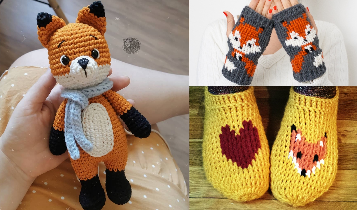 Crocheted fox doll with scarf, complemented by fox-themed fingerless gloves and yellow slippers adorned with a heart and the fox theme pattern.