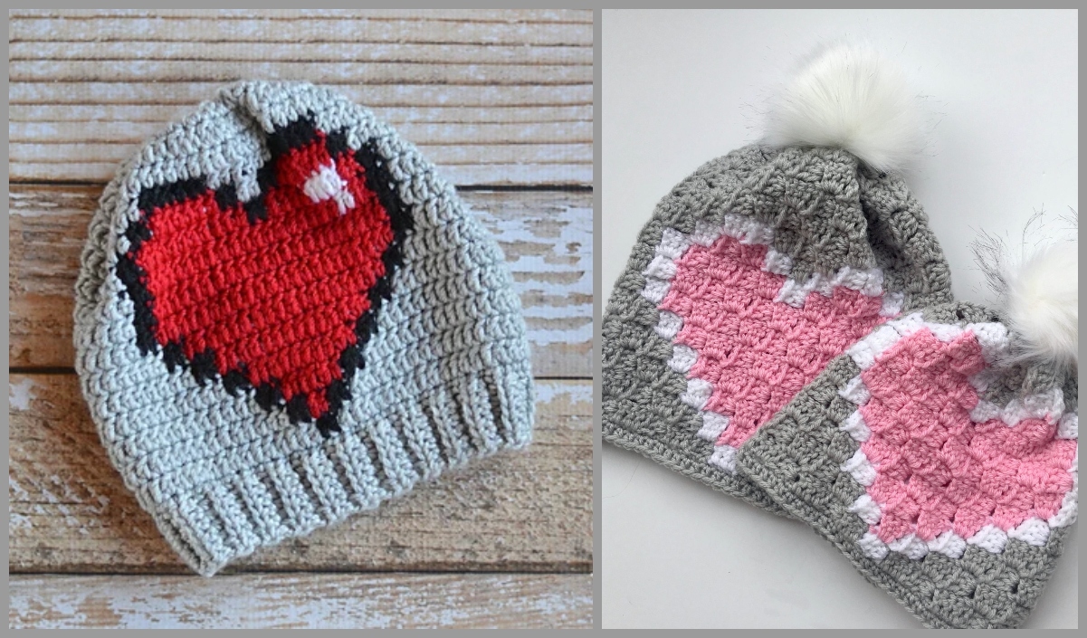 Two knitted hats with charming heart designs. The one on the left showcases a bold red heart, while the two on the right feature pink hearts with white pom-poms on top, reminiscent of an 8-bit heart pattern for a nostalgic touch.