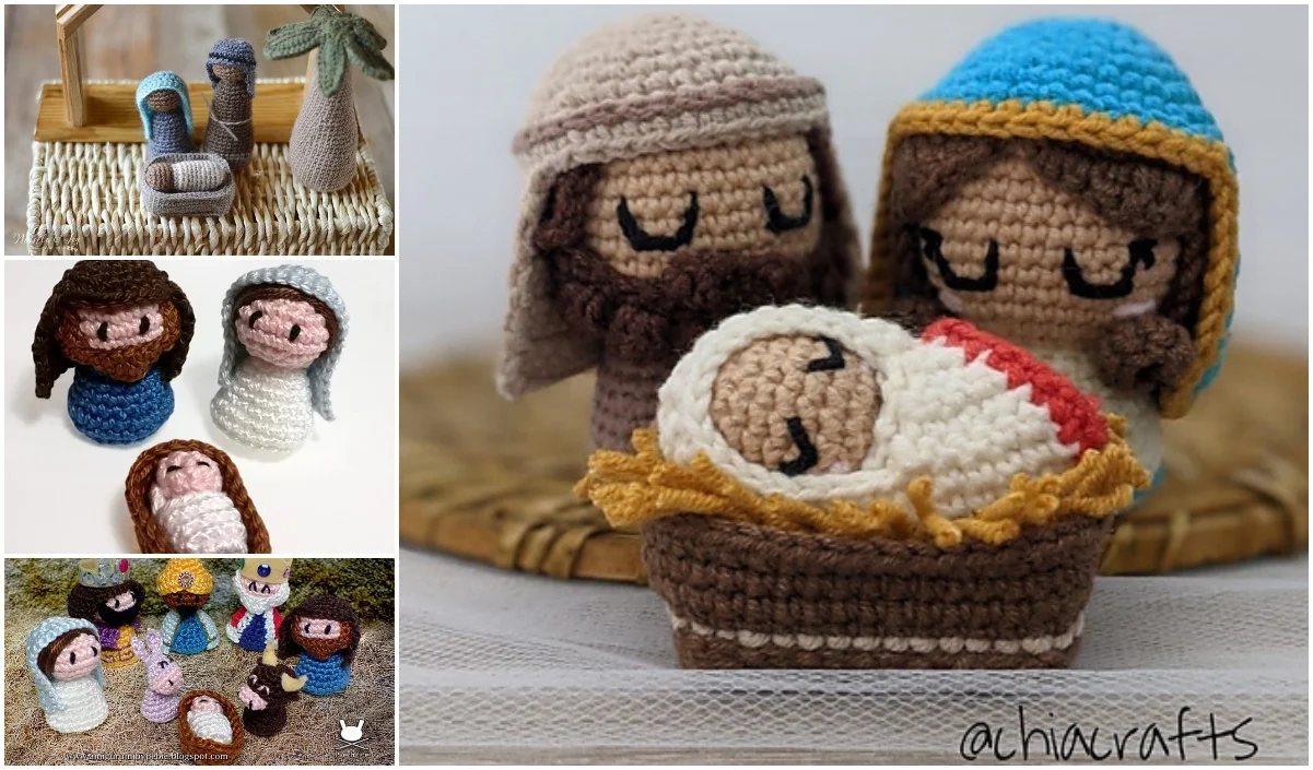 Experience the charm of a crocheted Nativity Set featuring central figures Mary, Joseph, and baby Jesus. Additional characters are displayed in smaller side images to complete this delightful scene.