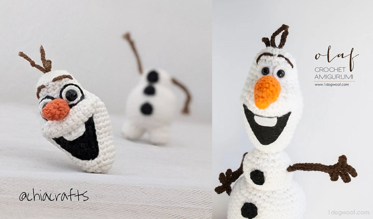 Two crocheted Olaf figures from Frozen, crafted with intricate snowman crochet patterns. One leans on its side, while the other stands upright. Both boast large orange noses and expressive eyes.