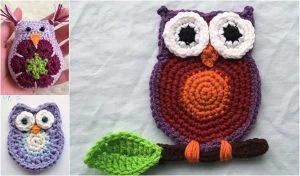 Explore three delightful crocheted owl designs: a small pink and purple owl, a medium purple and blue owl, and a large multicolored owl perched on a branch with a green leaf. Perfect for your next project with free crochet patterns for charming owl appliques.