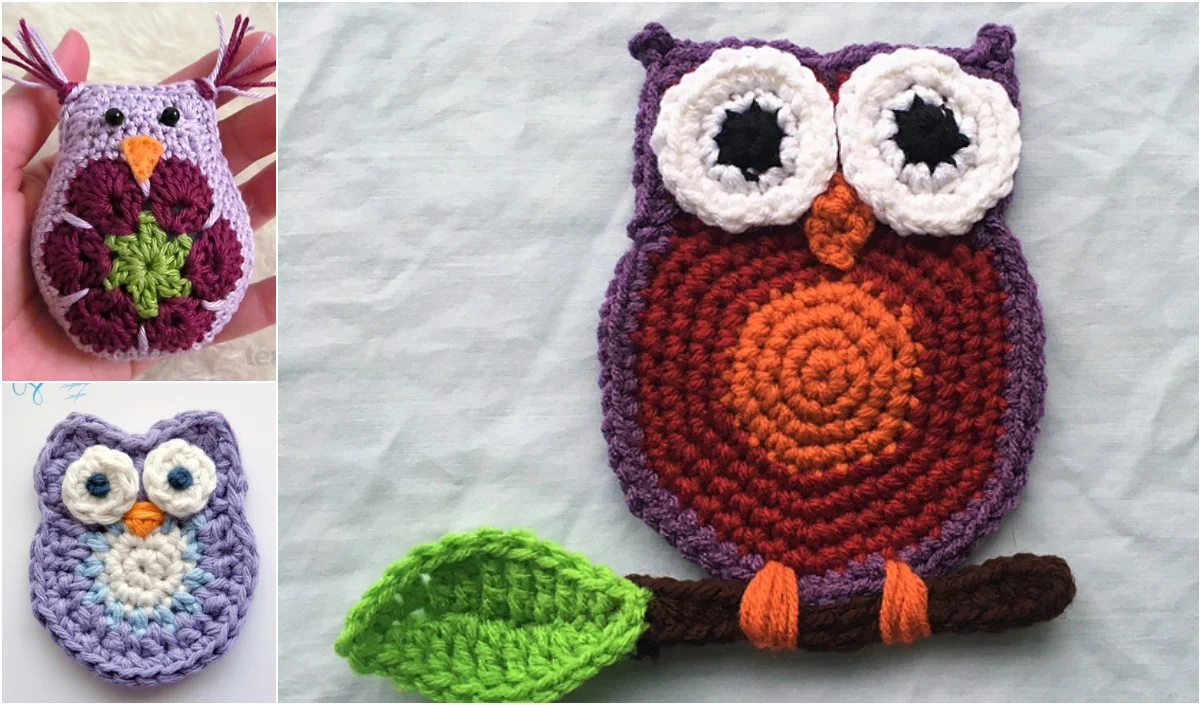 Explore three delightful crocheted owl designs: a small pink and purple owl, a medium purple and blue owl, and a large multicolored owl perched on a branch with a green leaf. Perfect for your next project with free crochet patterns for charming owl appliques.