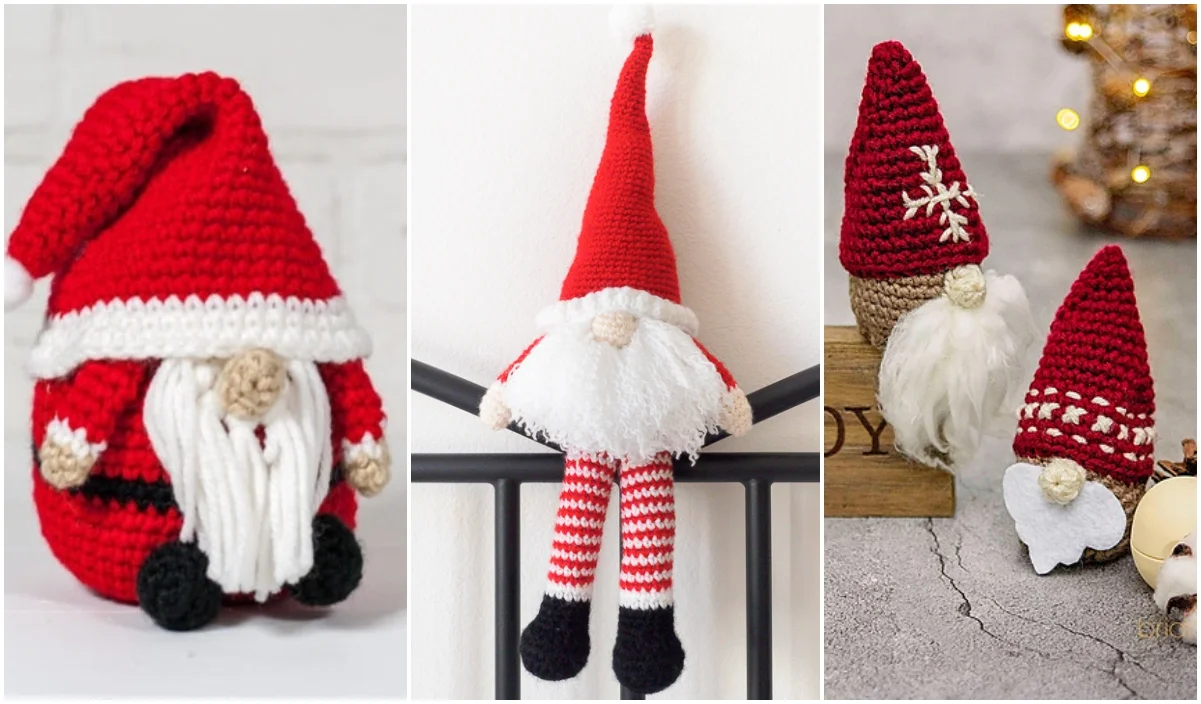 Discover a trio of charming crochet gnomes: one in a classic Santa outfit, another playfully dangling with striped legs, and two petite ones donning red hats—one adorned with an intricate snowflake design. Perfect for those seeking Santa Gnome free crochet patterns.