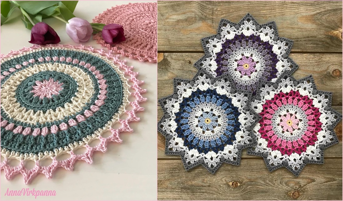 Crocheted winter mandalas on display: a circular pink and green mandala on the left, and three colorful mandalas with star patterns on the right, accented by purple flowers above them.