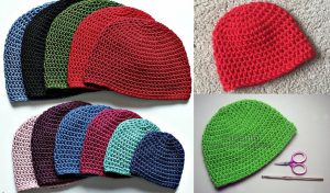 Crochet beanies in various colors, including blue, red, green, pink, purple, and black. A pair of scissors rests next to a half double crochet green beanie.