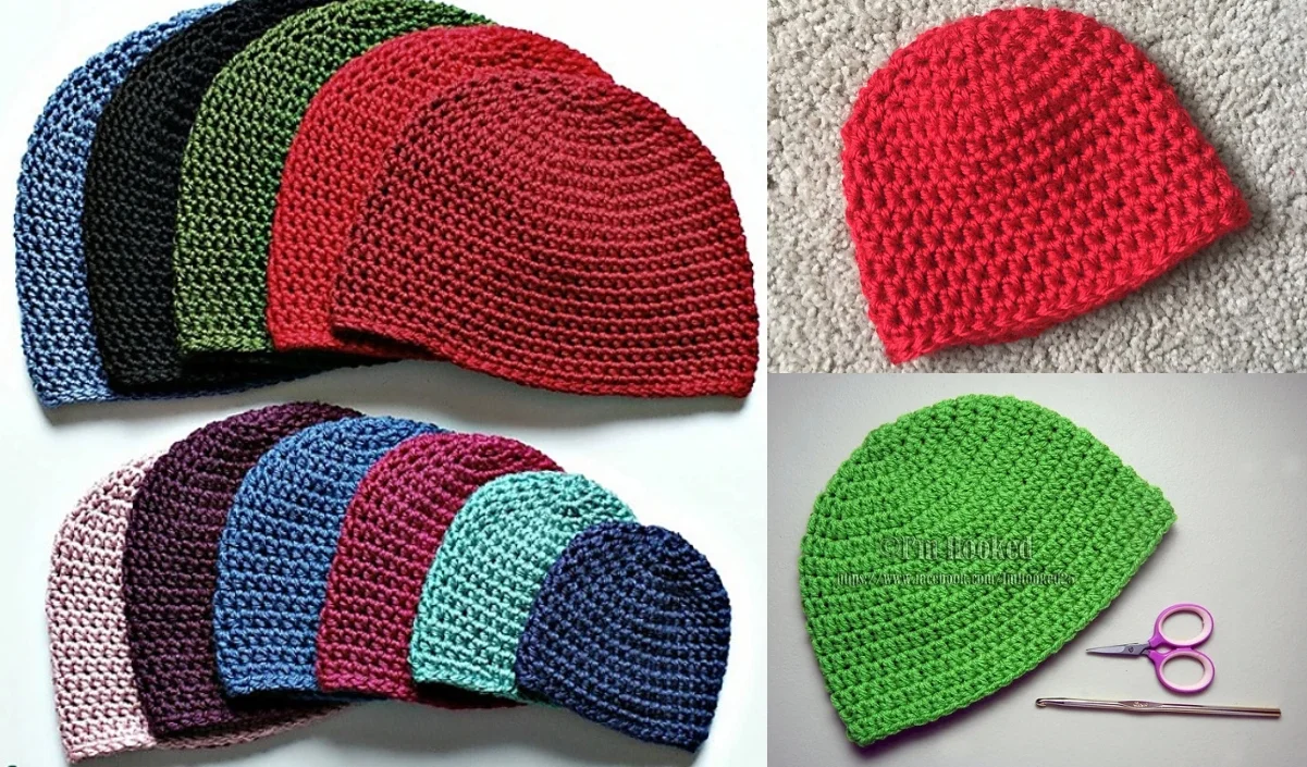 Crochet beanies in various colors, including blue, red, green, pink, purple, and black. A pair of scissors rests next to a half double crochet green beanie.