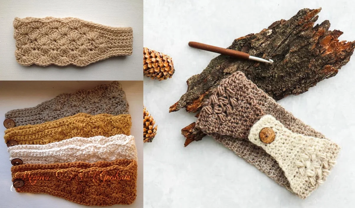 Explore our crocheted headbands in various colors, expertly crafted following free crochet patterns. Displayed with a crochet hook and pine cones on a textured background, each piece is a testament to creativity and style.