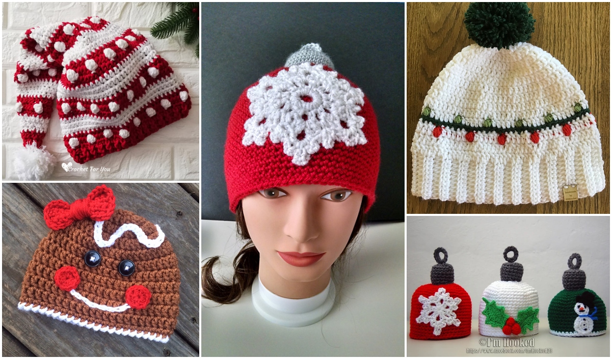 A beautiful collage of five festive crochet hats, featuring intricate designs with snowflakes, pom-poms, and delightful holiday motifs like a gingerbread face and ornaments. Perfectly capture the essence of a beautiful Christmas hat collection.