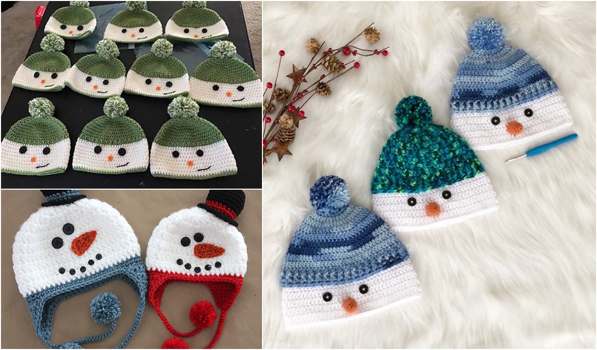 A delightful array of crocheted snowman-themed hats, each a unique Snowman Hat creation, is showcased in vibrant designs and colors.