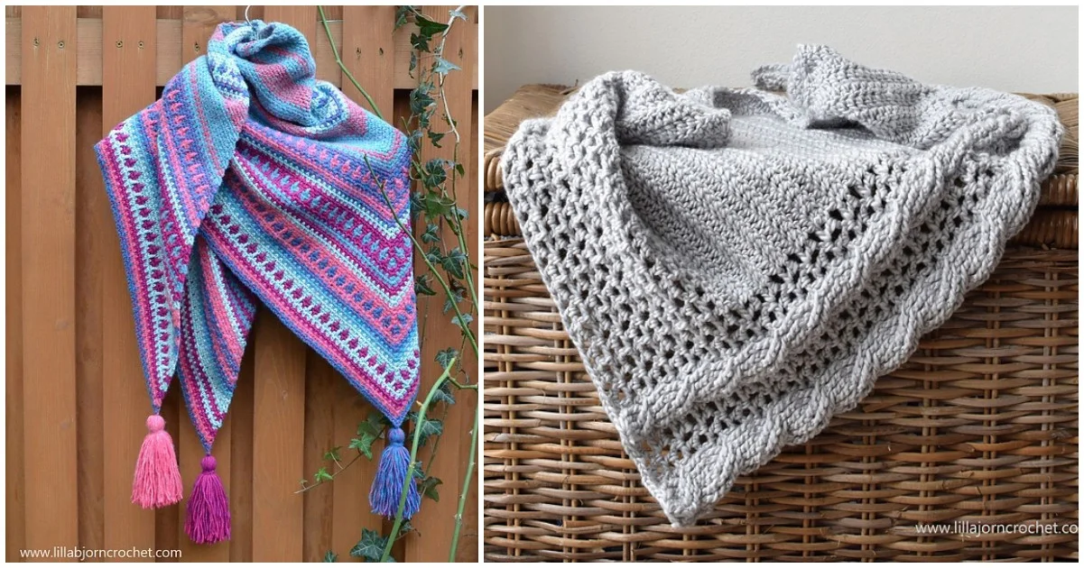 Two shawls displayed: the left is a colorful winter shawl with tassels, draped over a wooden fence; the right is a gray knit with a detailed crochet pattern edge, placed on a wicker surface.