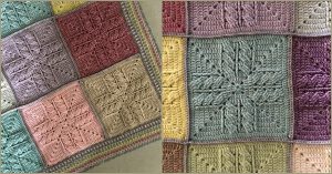 A beautiful square blanket, crocheted with multicolored squares and various textured patterns, is displayed.