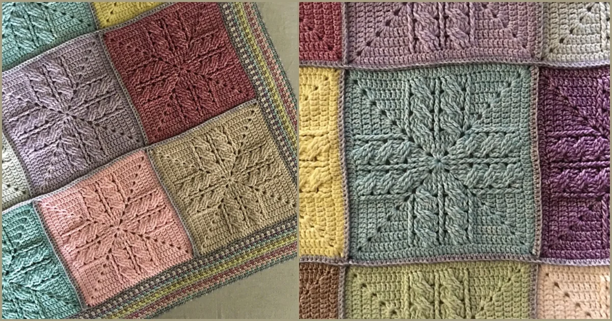 A beautiful square blanket, crocheted with multicolored squares and various textured patterns, is displayed.