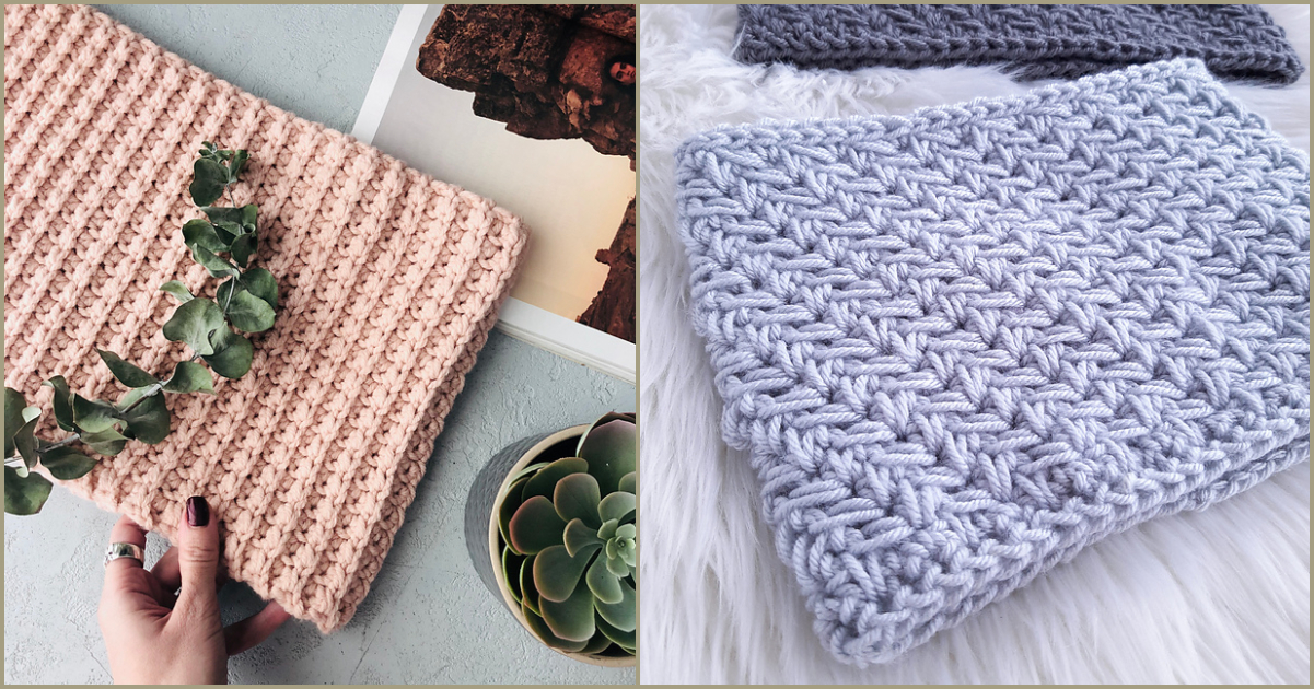 Displayed are two knitted items: a light pink textured piece with a hand and eucalyptus, and a light gray piece on a white surface. Surrounded by cozy decor like a plant and book, these pieces are perfect for those exploring textured cowl free crochet patterns.