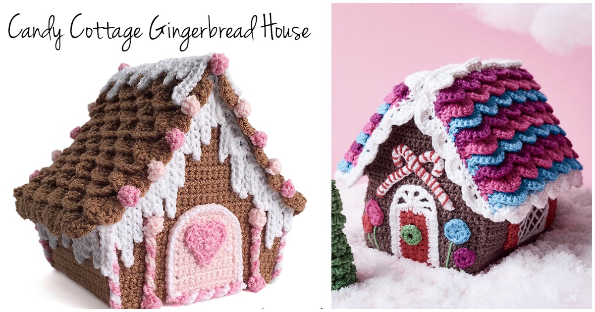 Two delightful crocheted gingerbread houses showcase colorful roofs and intricate patterns. The left house features a charming heart motif, while the right boasts a scalloped roof design. Styled like whimsical candy cottages, these creations bring festive cheer to any setting.