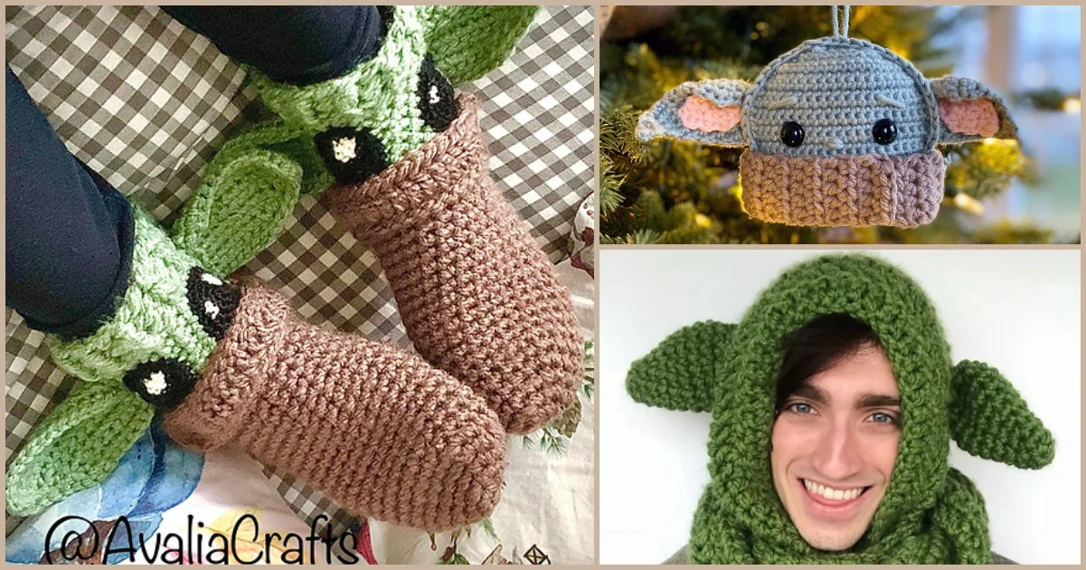 A charming collage features crocheted Yoda-themed slippers, ornament, and hooded scarf, perfect as a Baby Yoda Christmas gift.