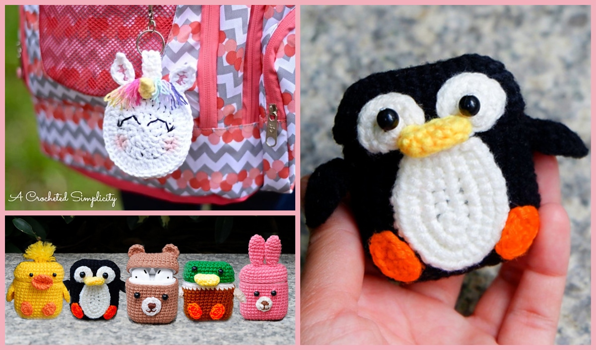 Crochet animal keychains and figurines, including a unicorn, penguin, duck, bear, frog, and bunny. These charming creations double as delightful Animal Airpod Holders and are displayed on a bag and in hand.