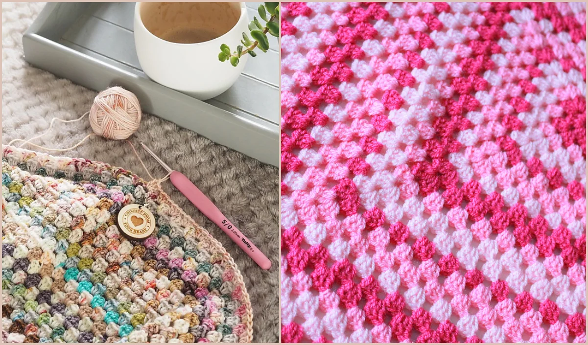 A simple baby blanket in progress rests beside a steaming coffee cup and skeins of yarn. The close-up reveals a delicate pink and white crochet stitch pattern on the right, showcasing the careful craftsmanship that goes into creating this cozy piece.