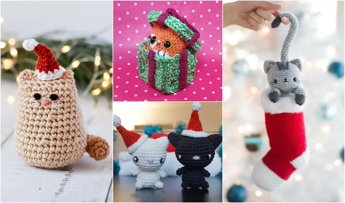 Collage of crocheted cat plushies in holiday-themed outfits, including a Christmas cat nestled in a tree ornament, cats in Santa hats, a cat in a gift box, and one peeking from a stocking, all set against festive backgrounds.