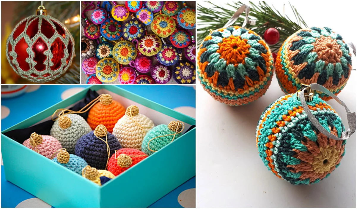 Colorful crochet Christmas bauble ornaments in various designs and patterns, featuring a mix of vibrant colors.