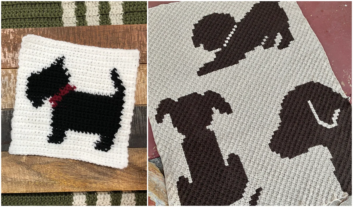 These crocheted pieces are perfect for dog lovers, featuring a unique dog blanket crochet pattern. One displays a black dog with a red collar, and the other showcases three brown dog silhouettes against a light background.