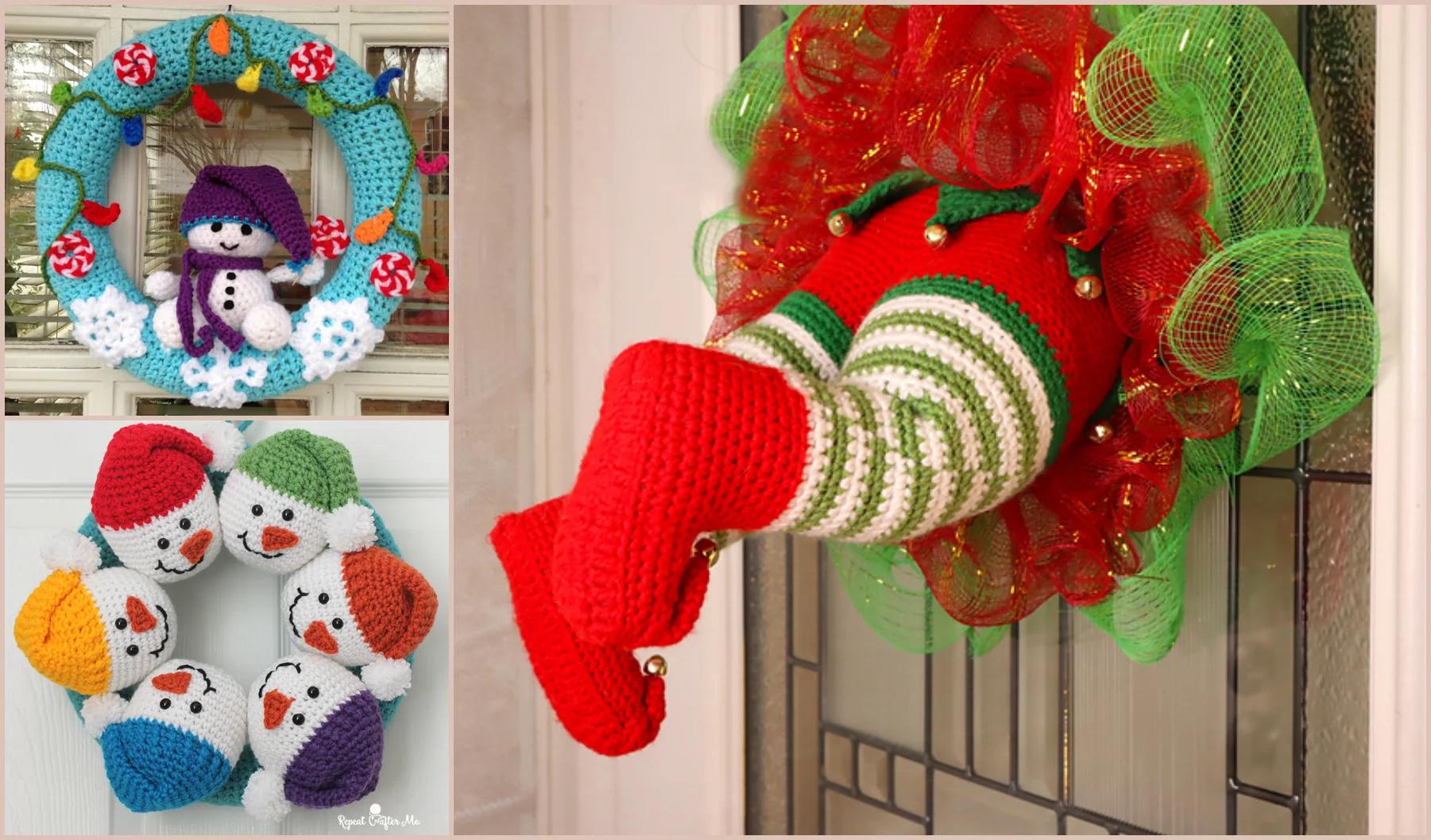 Adorning the door, a festive display features a crocheted snowman in a purple hat on a blue Christmas wreath, four charming snowmen heads on a white wreath, and whimsical crochet elf legs with a red and green tutu. Perfect for those seeking creative Christmas wreath crochet pattern ideas!