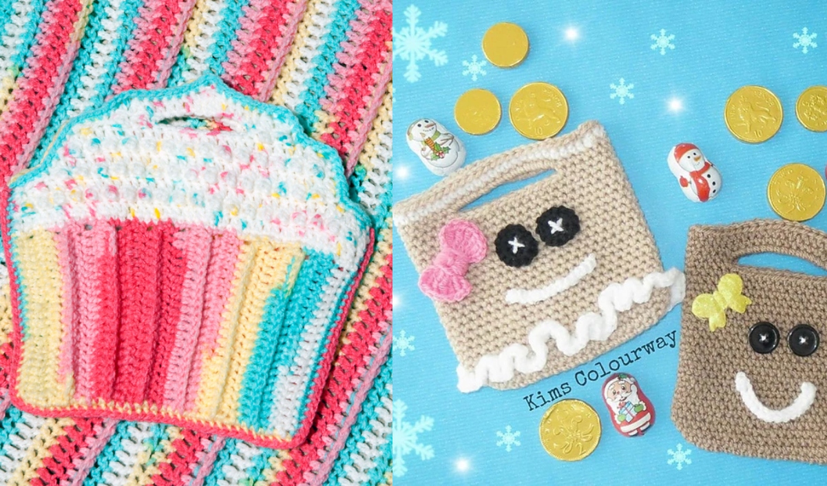 A crocheted cupcake and two small toddler bags with faces rest on a striped and starry background, surrounded by toy coins and holiday-themed items. Perfect for those exploring fun crochet patterns.