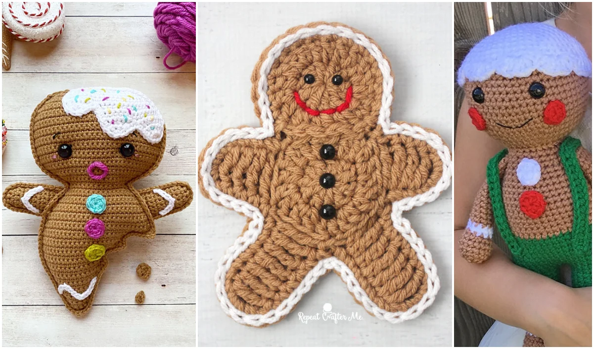 Three crocheted gingerbread figures: one with frosting and buttons, one with a smile and buttons, and one with green overalls and a white hat. Use this charming gingerbread people crochet pattern to craft your own festive set.