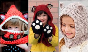 Three children wearing crocheted animal-themed hats: a red fox, a brown bear, and a gray cat. Each ensemble includes matching mittens and a cozy hoodie for a kid.