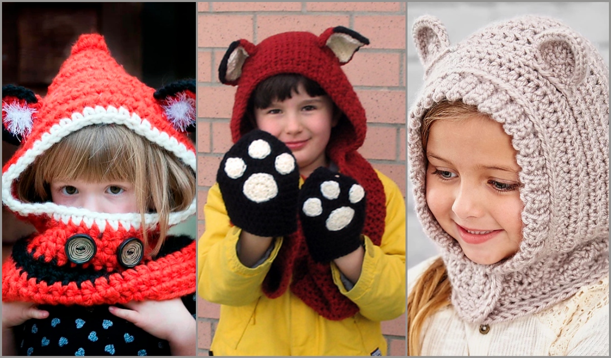 Three children wearing crocheted animal-themed hats: a red fox, a brown bear, and a gray cat. Each ensemble includes matching mittens and a cozy hoodie for a kid.