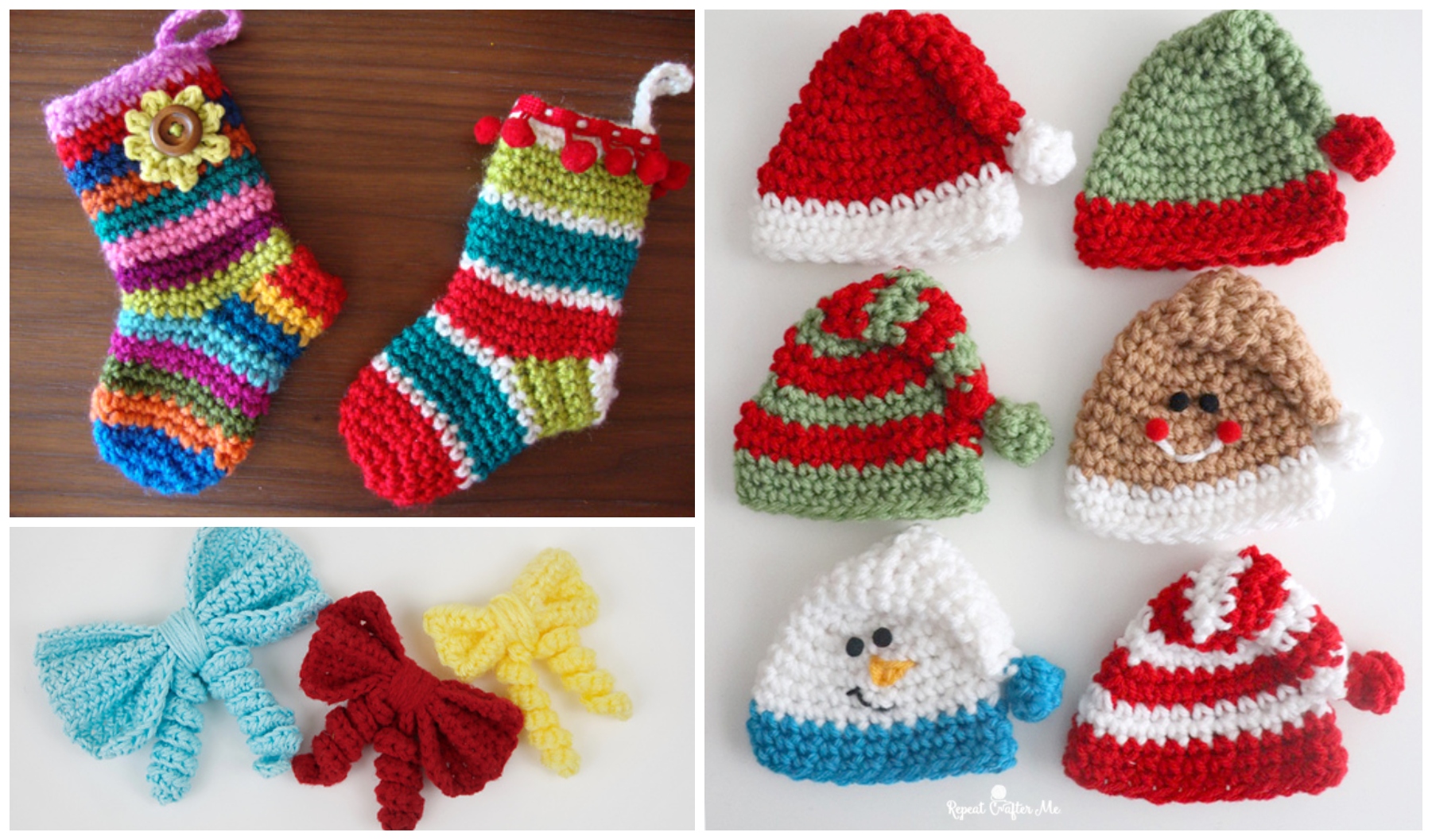 A collection of colorful, knitted items: striped stockings, decorative hats, and bows displayed on a flat surface with tiny Christmas decor adding festive charm.