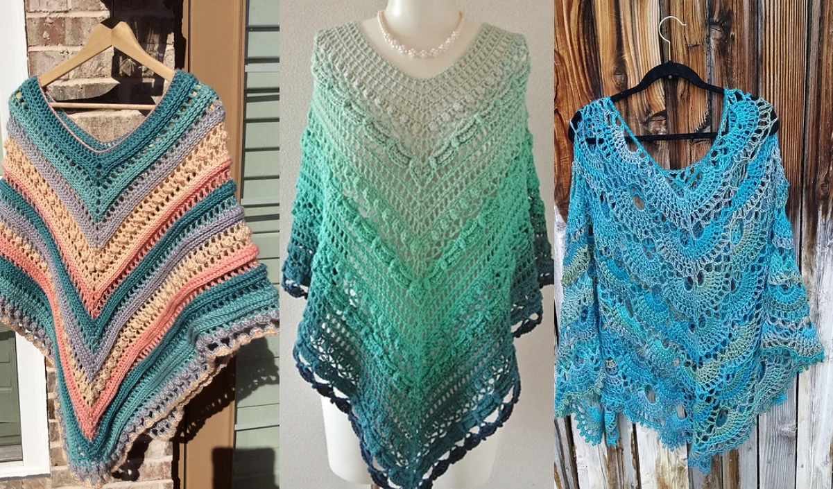 Three crocheted ponchos, each crafted from the versatility of a shawl and boasting unique color patterns, hang elegantly on display.