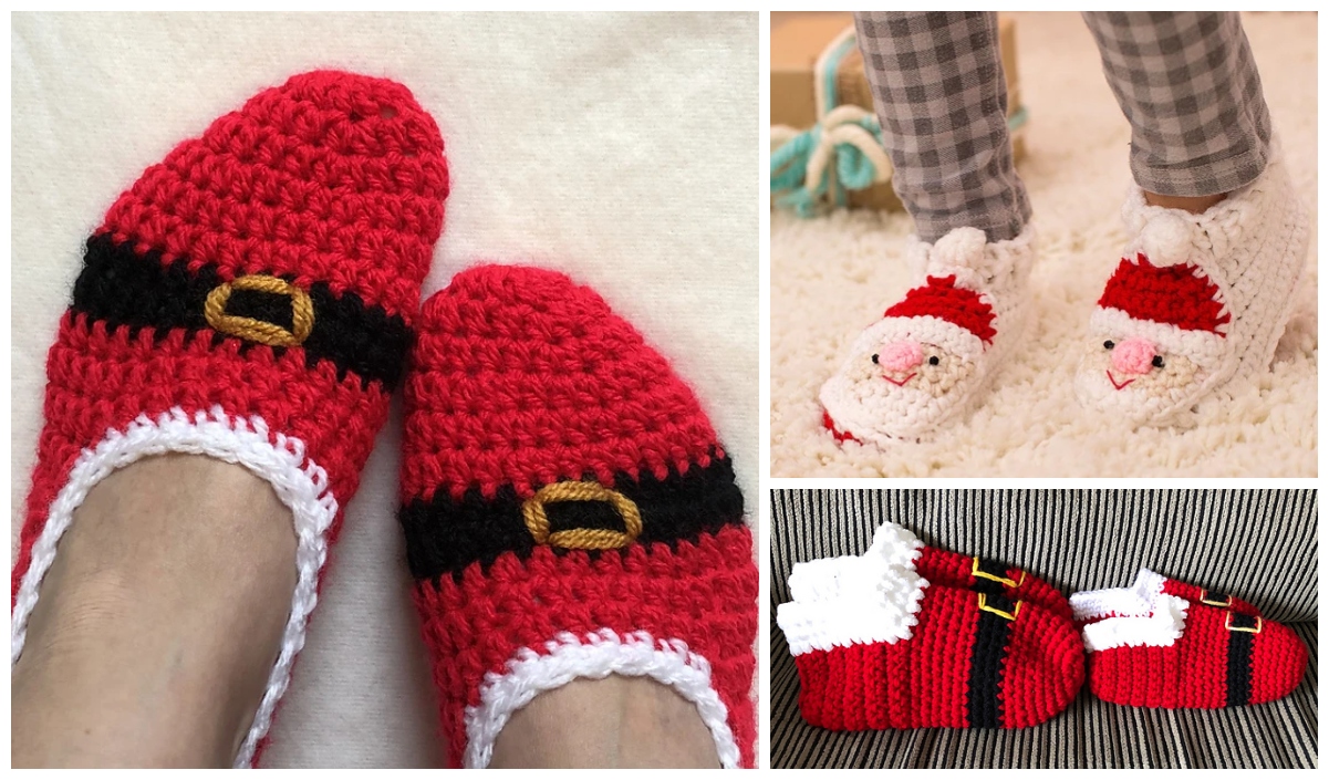 Collage showcasing festive Santa slippers: red crochet ones with a belt design and charming white slippers adorned with jolly Santa faces, all cozily worn on feet.