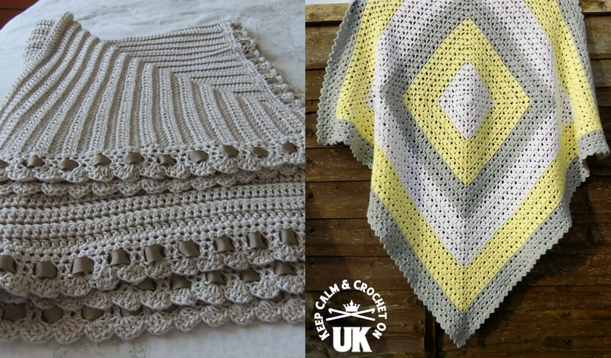 Two crochet blankets: one simple baby blanket in beige with a layered border on the left, and a diamond-patterned blanket in gray, white, and yellow on the right, displayed on a wooden surface.