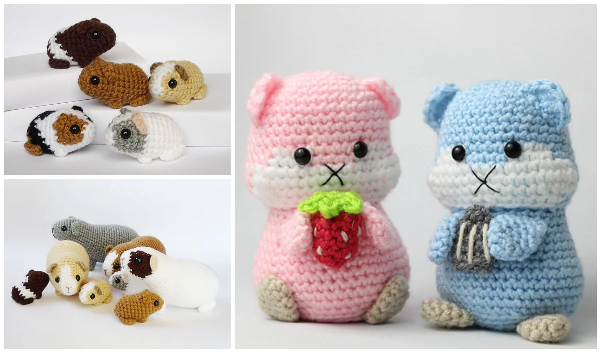 Crocheted animal figures: two large ones resembling bears with a strawberry and fork, alongside several smaller guinea pig-shaped ones in various colors on the left, capturing the charm of crocheted small home pets.