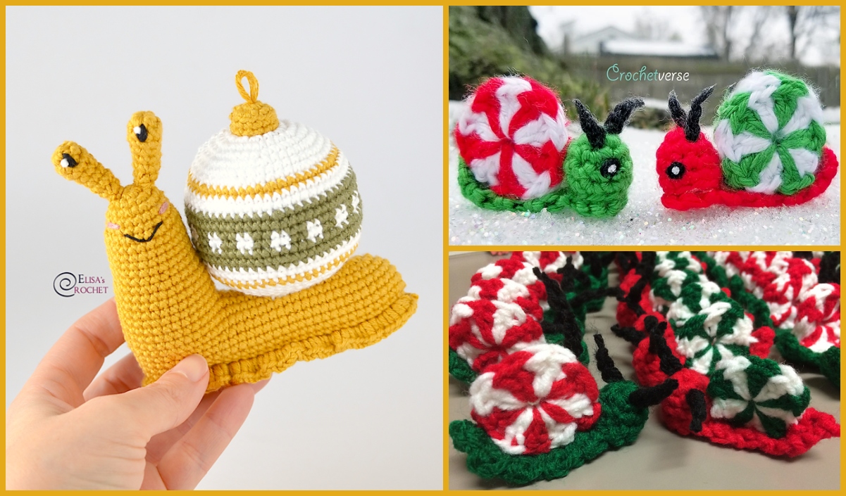 Crocheted Christmas snail ornaments in festive hues: one yellow and white, two with red and green shells, plus a cheerful collection of red and green snail patterns adorning the table.