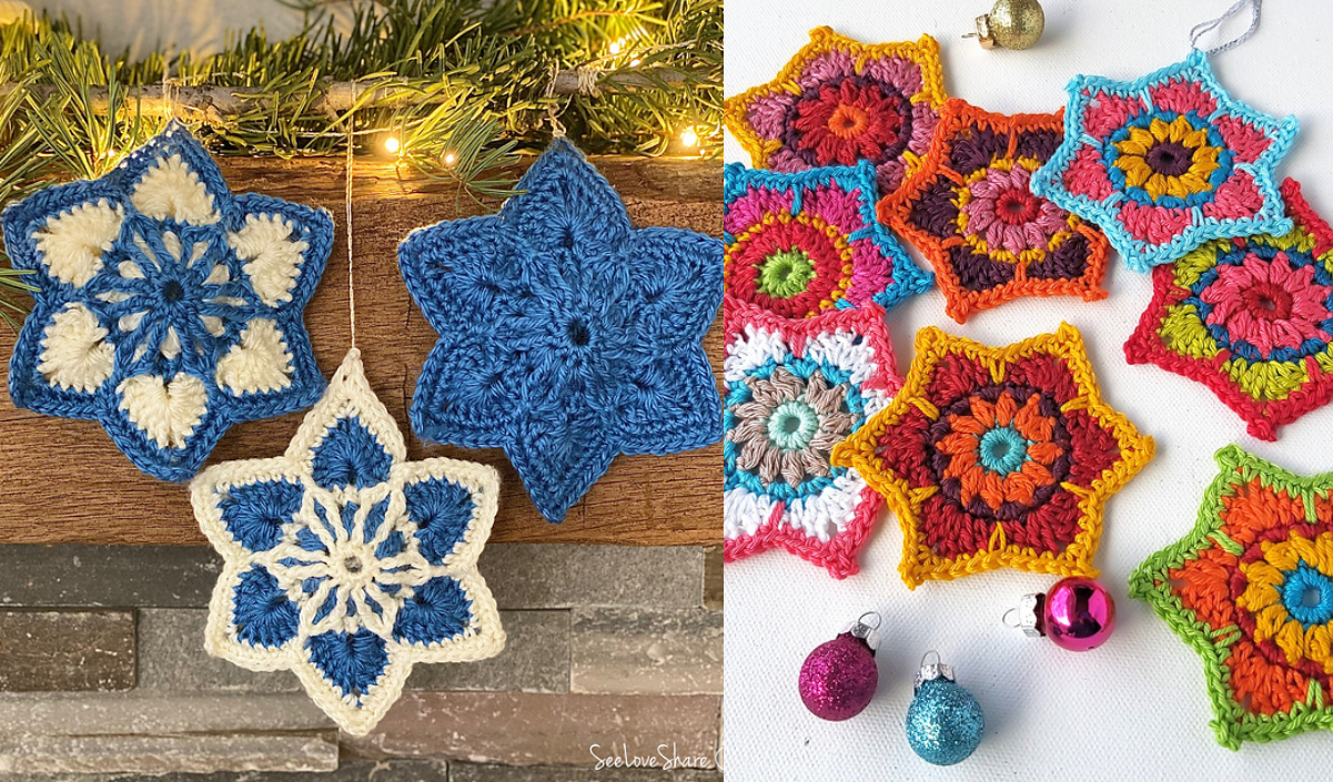 Crocheted snowflakes in blue and white grace the left, while colorful motifs on the right catch the eye, accompanied by small Christmas ornaments below. A delightful star ornament crochet pattern adds charm to this festive display.