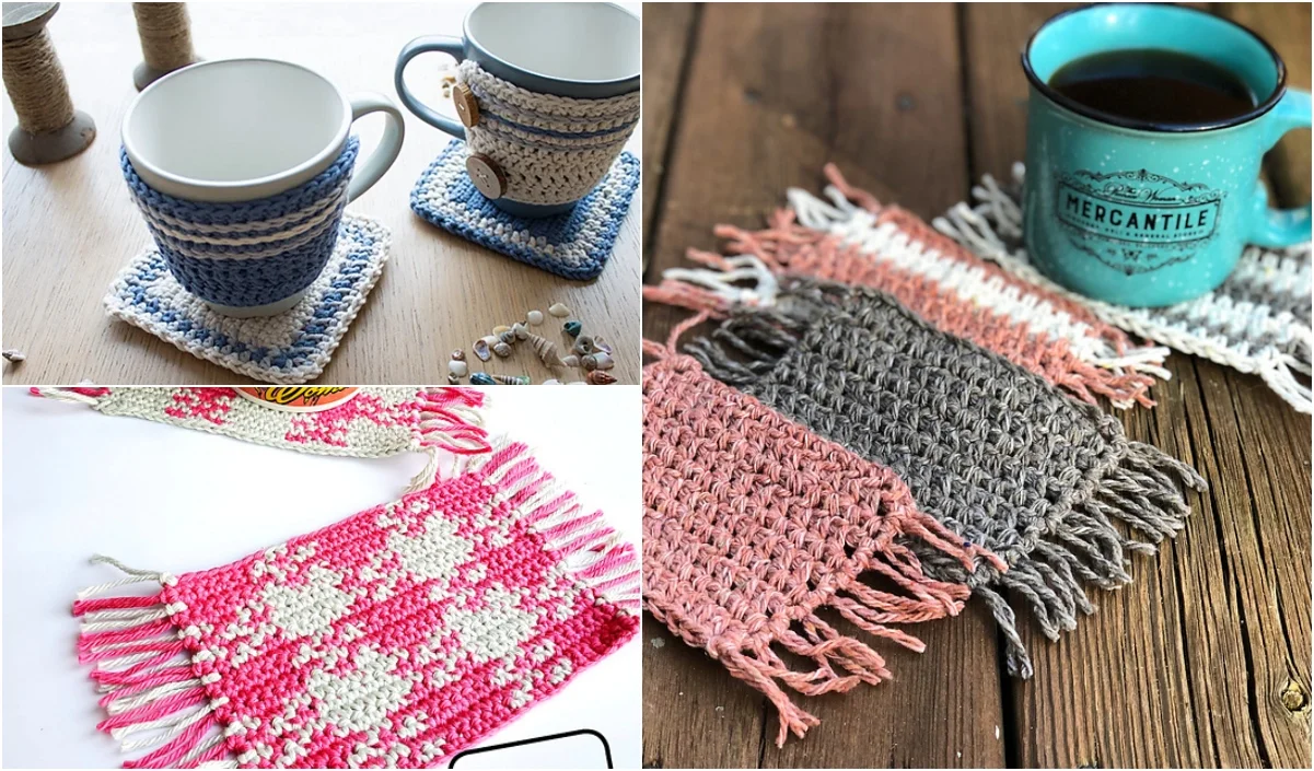 A charming assortment of crochet mug cozies and coasters, featuring delightful patterns and vibrant colors, are artfully showcased on a wooden surface. Discover the perfect mug rug crochet pattern to complement your home décor.​