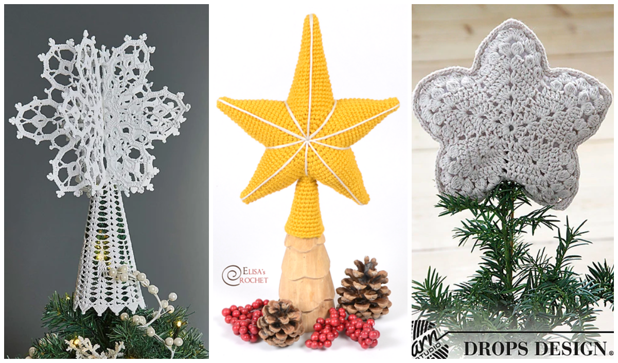 Three crochet Christmas tree toppers: a white lace snowflake, a yellow star, and a gray star. Each ornament is displayed on different trees adorned with decorative pine cones around them.