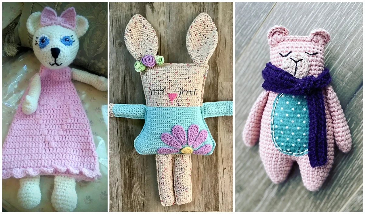 Three crocheted stuffed animals: a bear in a pink dress, a bunny adorned with flowers, and a bear sporting a blue scarf. These delightful creations embody the charm of rag doll crochet patterns.