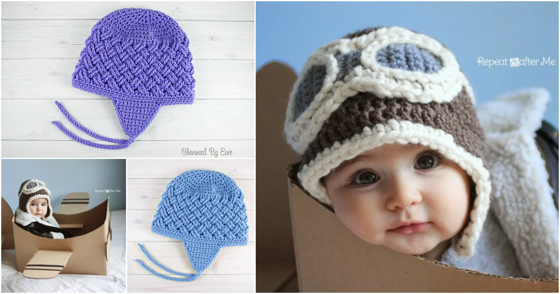 A baby wearing a crocheted aviator hat with earflaps sits in a cardboard box. Next to this are two images of crocheted hats, featuring charming designs in purple and blue, on a white surface.