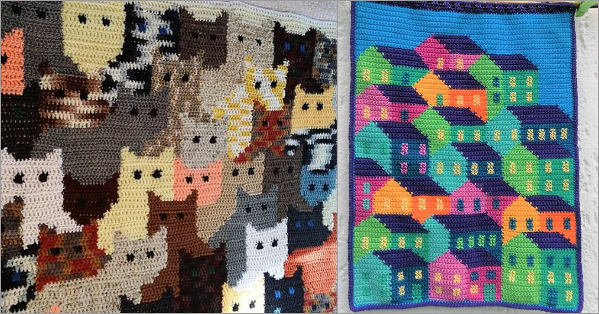 Two crochet blankets showcase delightful artistry: on the left, a whimsical repeating pattern of various colored cats, while on the right, bright geometric townhouses create an equally captivating rhythmic tableau.