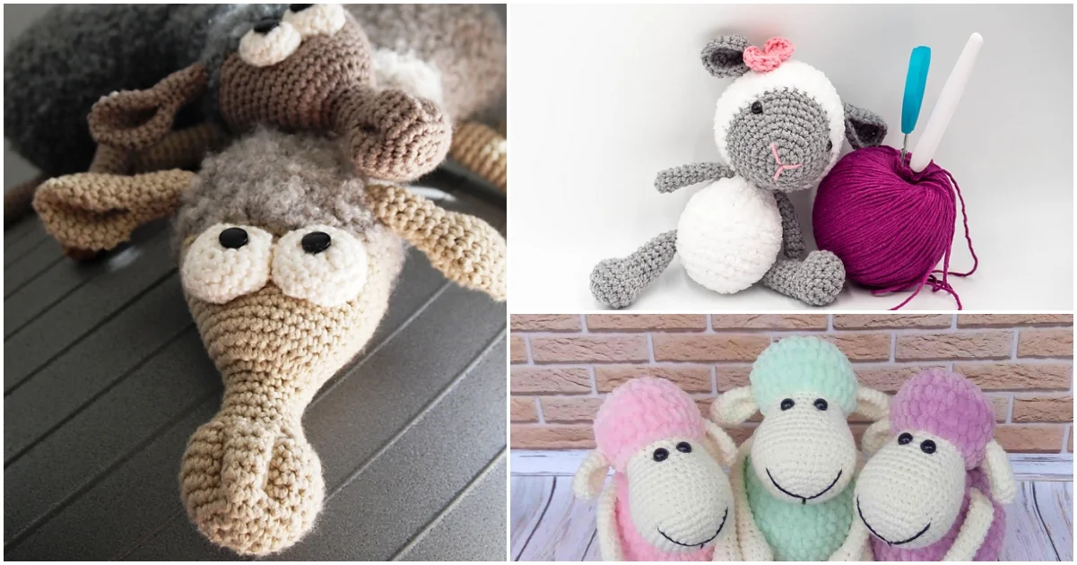 A collage of three images: a cute Amigurumi sheep crafted as a crocheted plush animal, another alongside a yarn ball and hooks, and three pastel-colored Amigurumi sheep against a brick background.