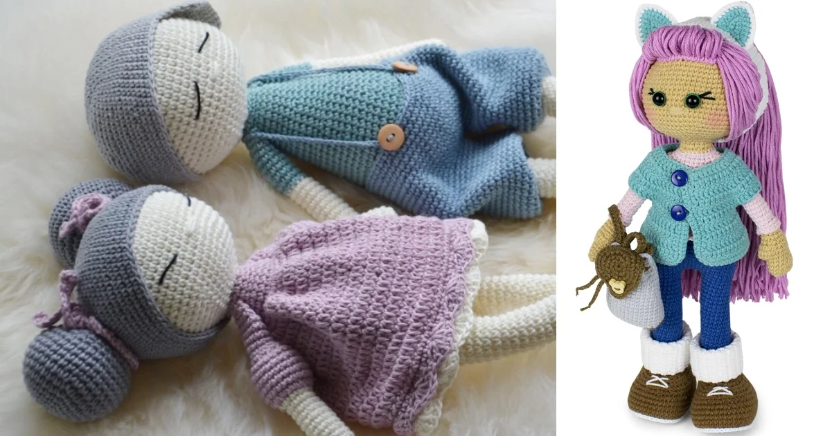 Three amigurumi dolls: two lying down in pastel outfits, and one standing with purple hair, a blue shirt, and holding a cone. They are placed on a soft white background.