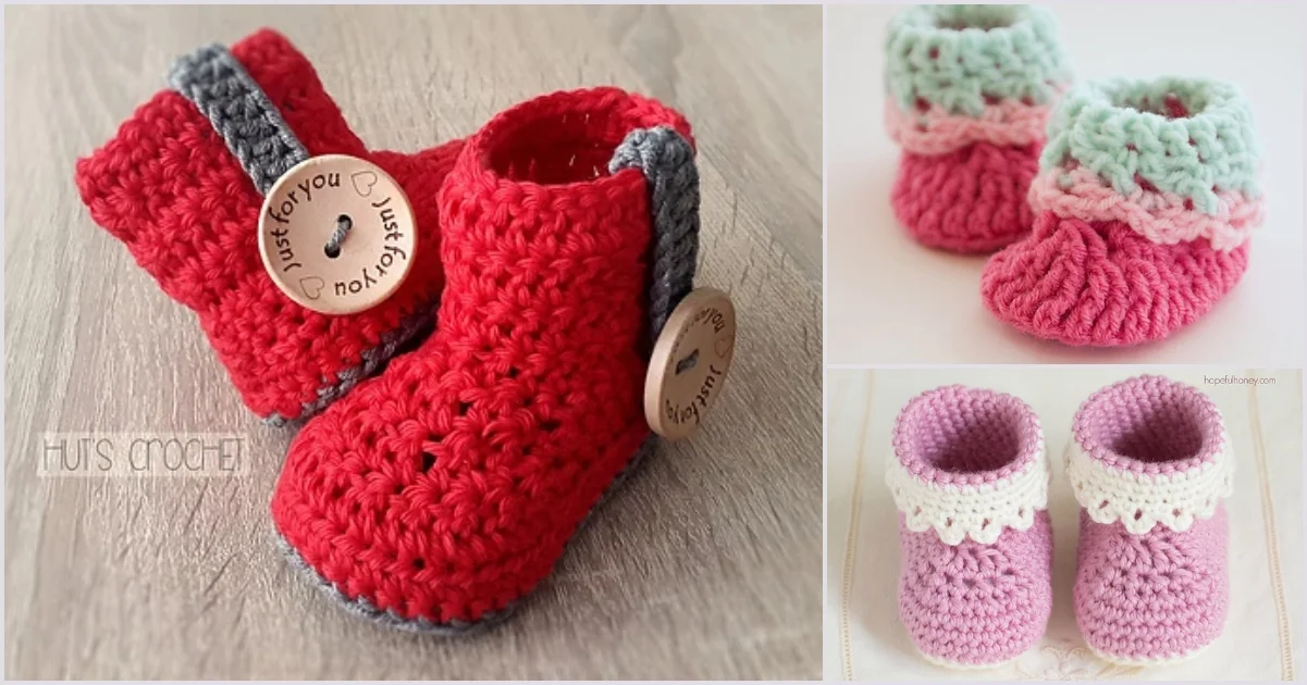 Three pairs of charming crocheted baby booties: red with gray stripes and wooden buttons, pink and green with frilled tops, and purple adorned with delicate white lace trim.